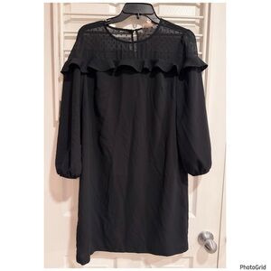 NWT Loft Black Sheer Dot Ruffle Yoke Dress Size 6P Petite Mini